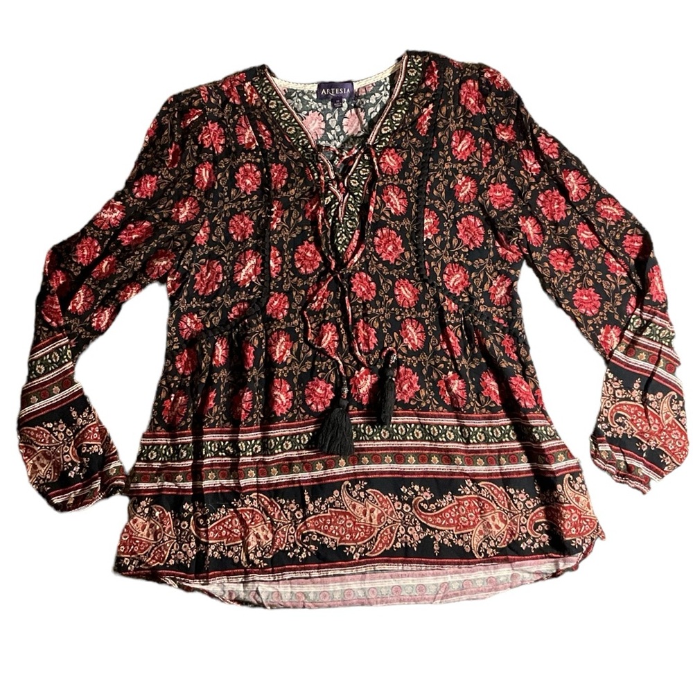 Women’s Red Roses Pattern Blouse Long Sleeve Size Medium